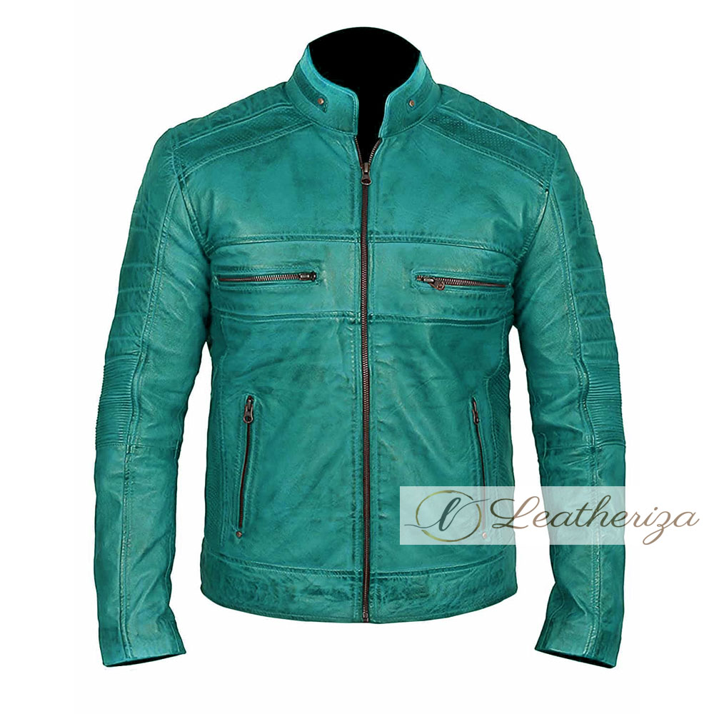 Ocean Blue Vintage Style Biker's Leather Jacket For Men