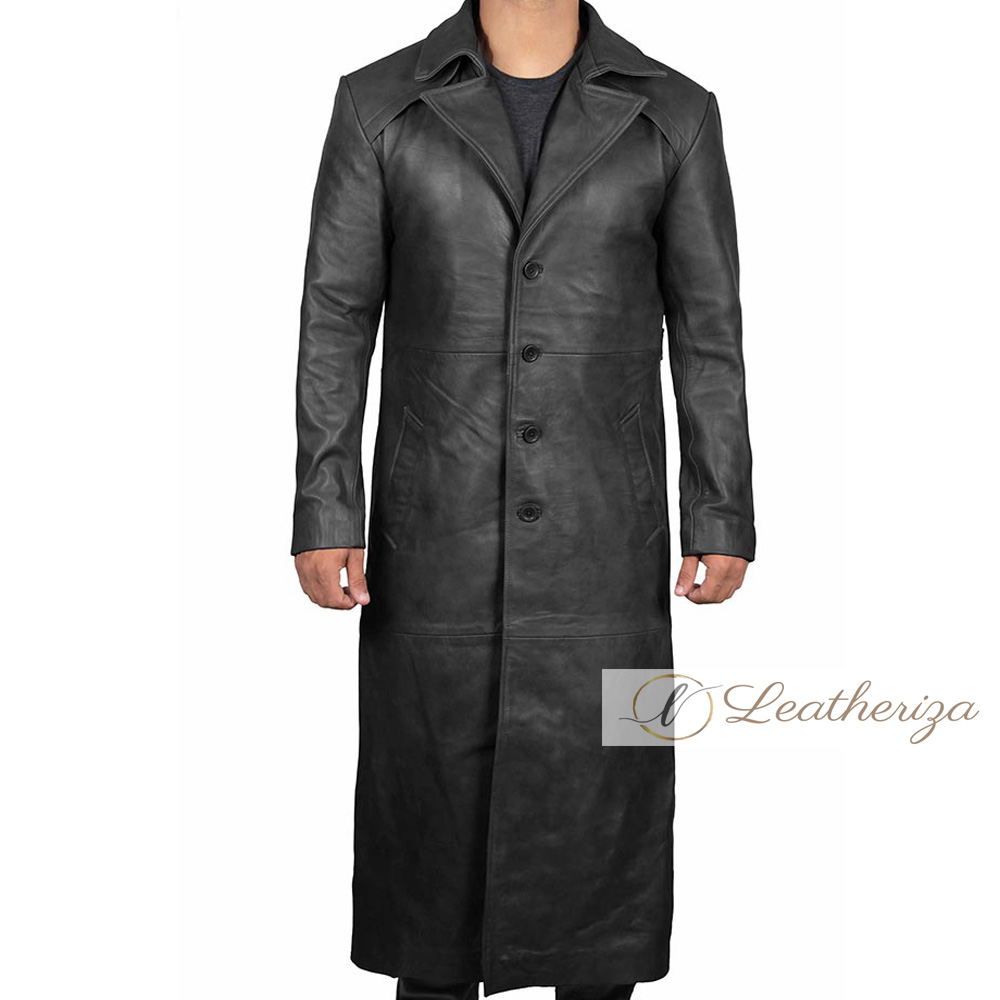Buy Elegant Long Black Leather Trench Coat For Men from