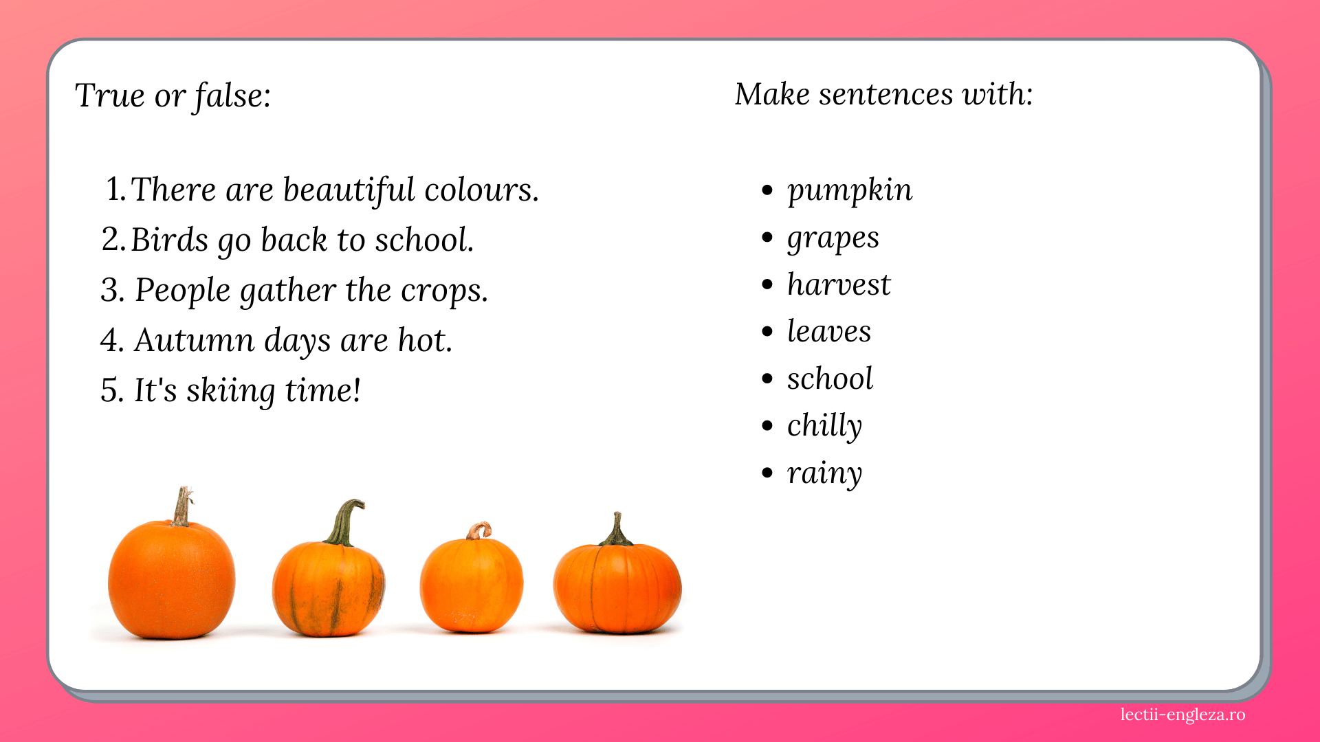 The four seasons vocabulary, reading, speaking and writing activities