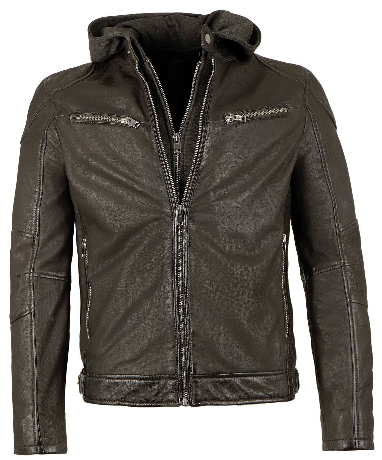 Gipsy Herren Lederjacke Bikerjacke Kapuze Lammnubuk dunkelbraun