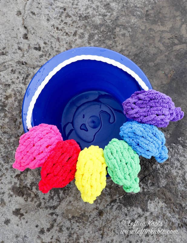 Finger Knit Water Balloons with Loop Yarn A Free Pattern Left in Knots