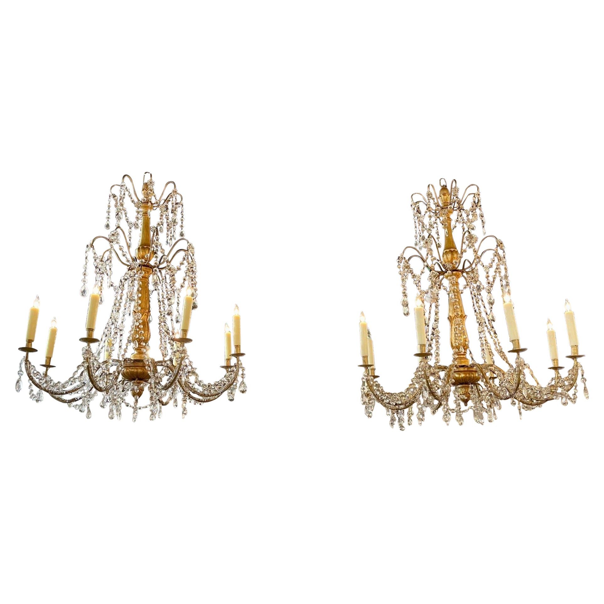 Pair of 19th Century Giltwood and Crystal Italian Chandeliers Legacy