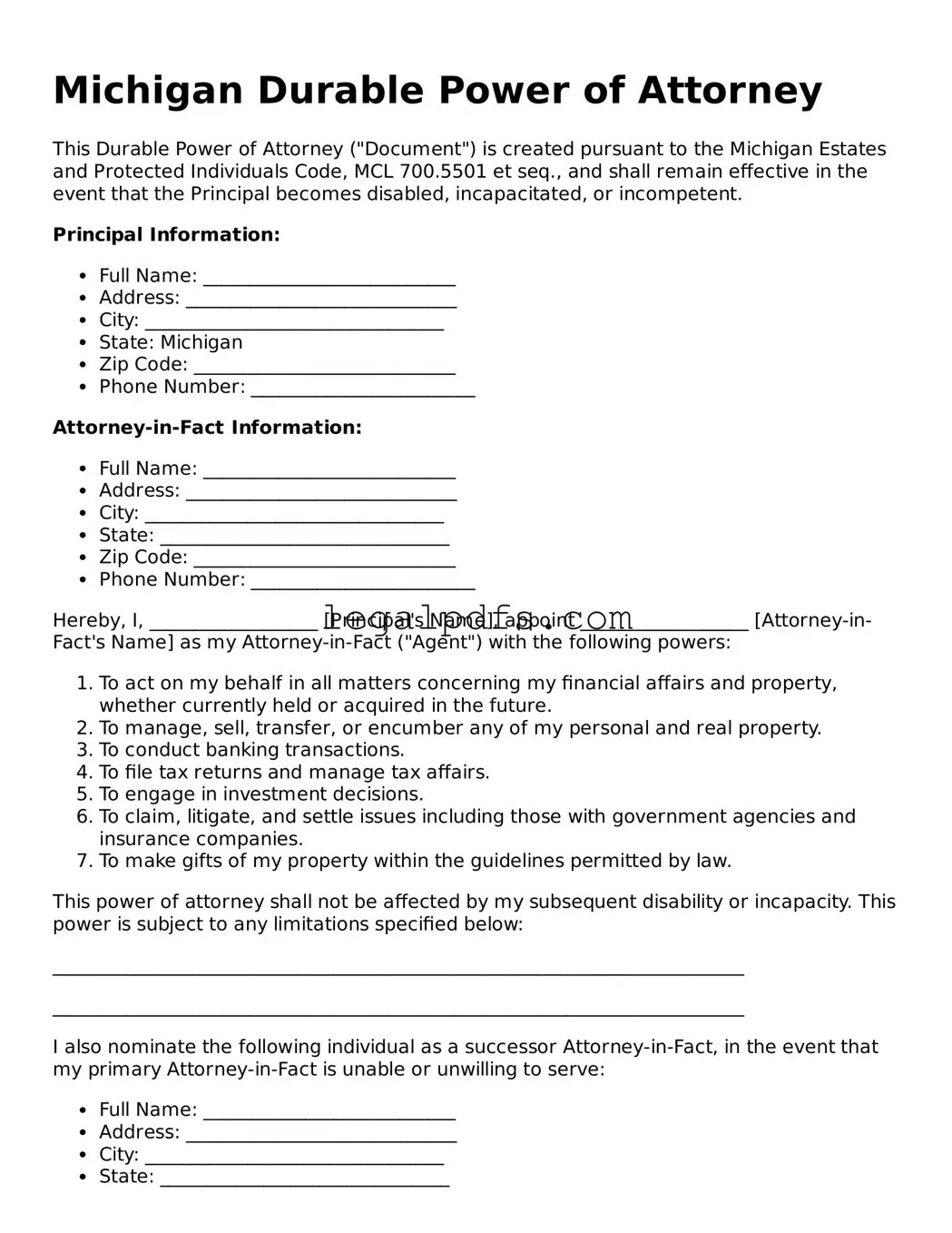 Michigan Durable Power of Attorney Template — Printable PDF Form(09)