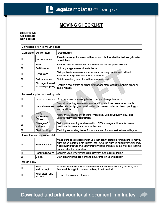 Moving Checklist Template Create & Download a Free Moving Checklist