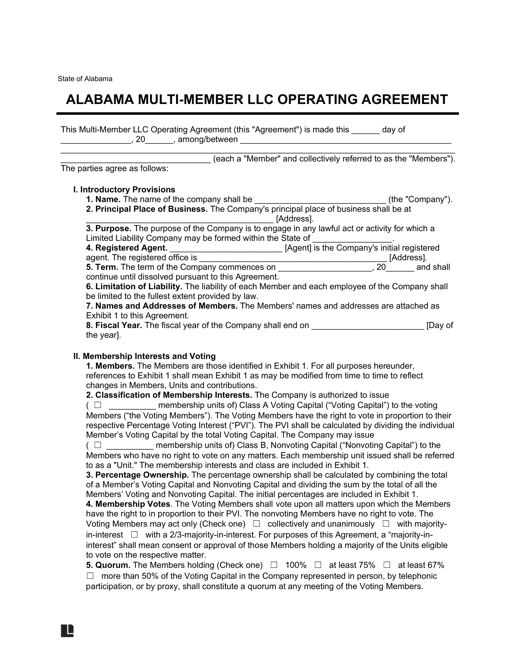 Free Alabama MultiMember LLC Operating Agreement PDF & Word