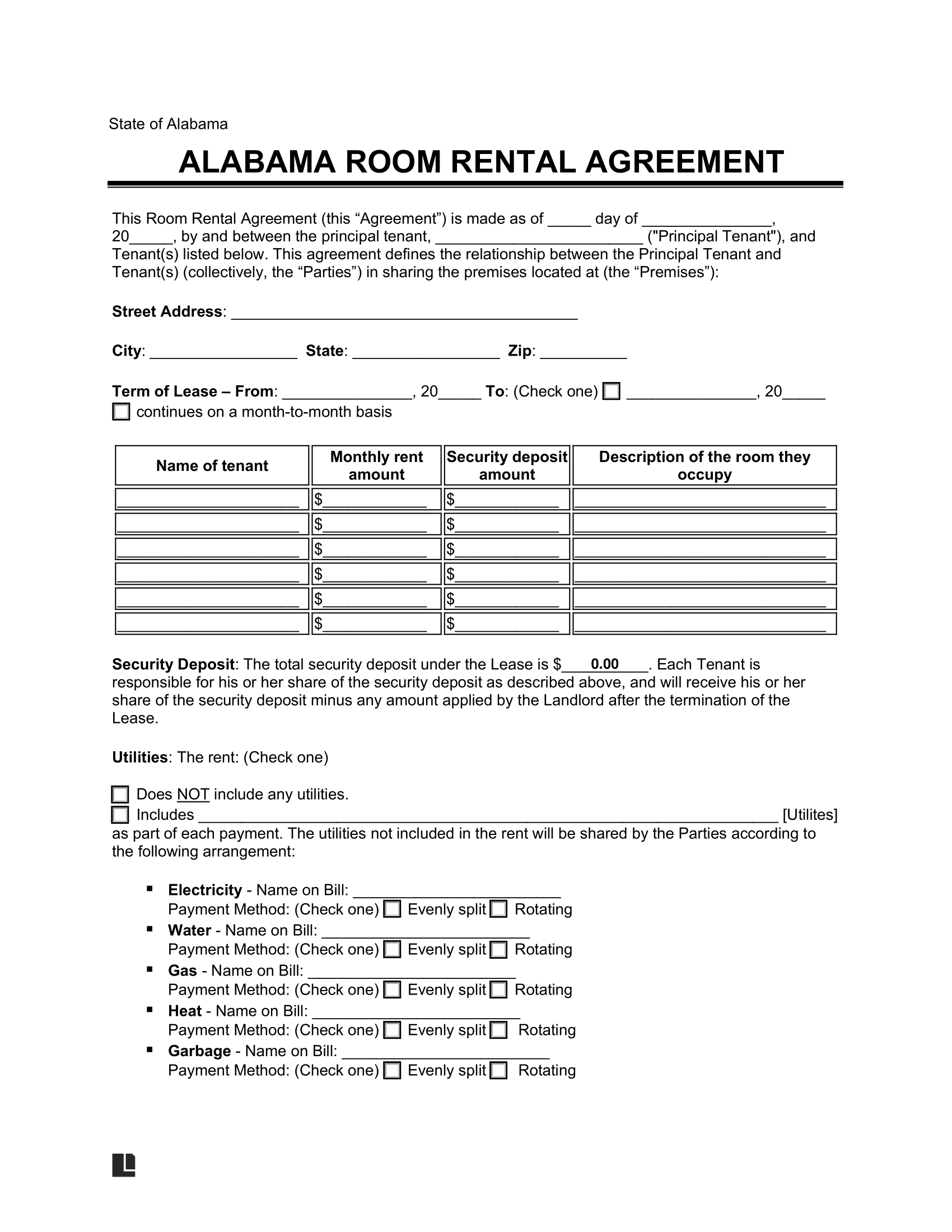 Free Alabama Room Rental Agreement Template PDF & Word