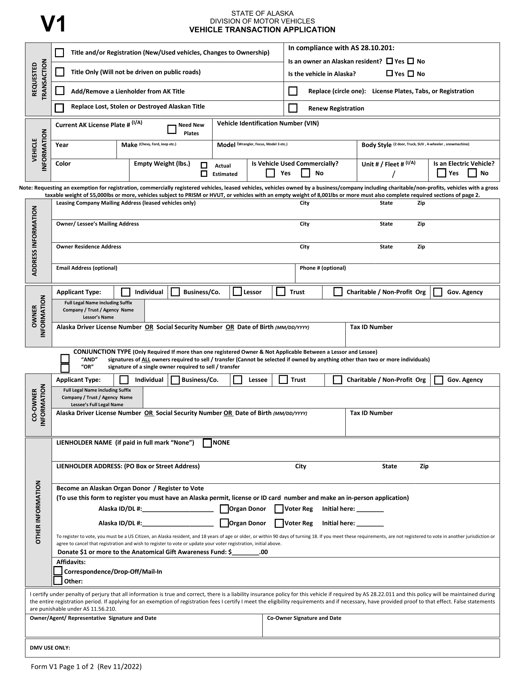 Free Alaska Motor Vehicle Power of Attorney Form 847