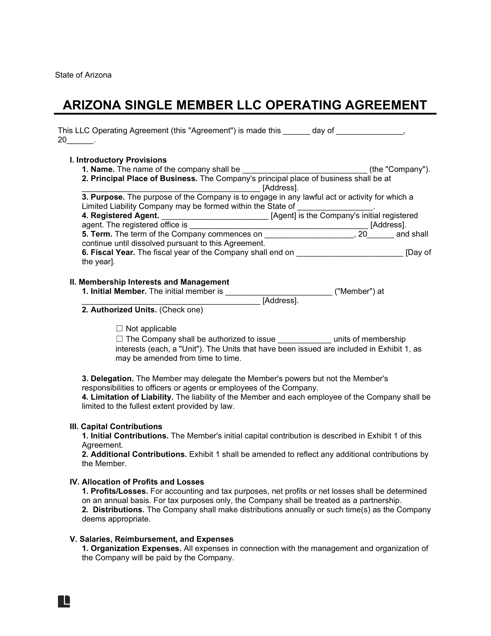 Free Arizona SingleMember LLC Operating Agreement PDF & Word