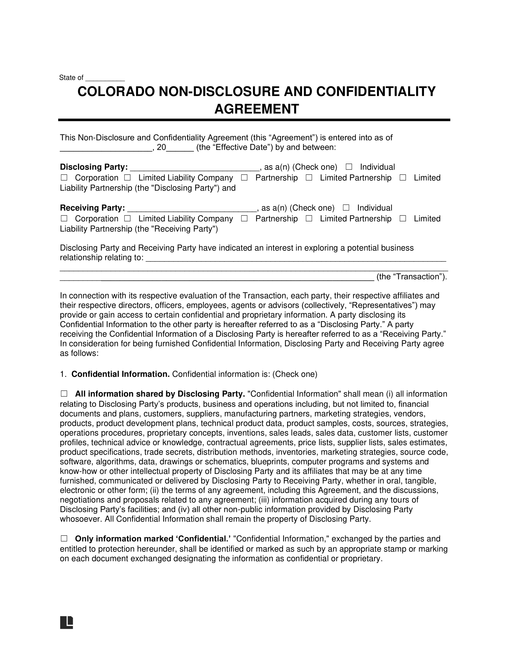 Free Colorado NonDisclosure Agreement Template PDF & Word