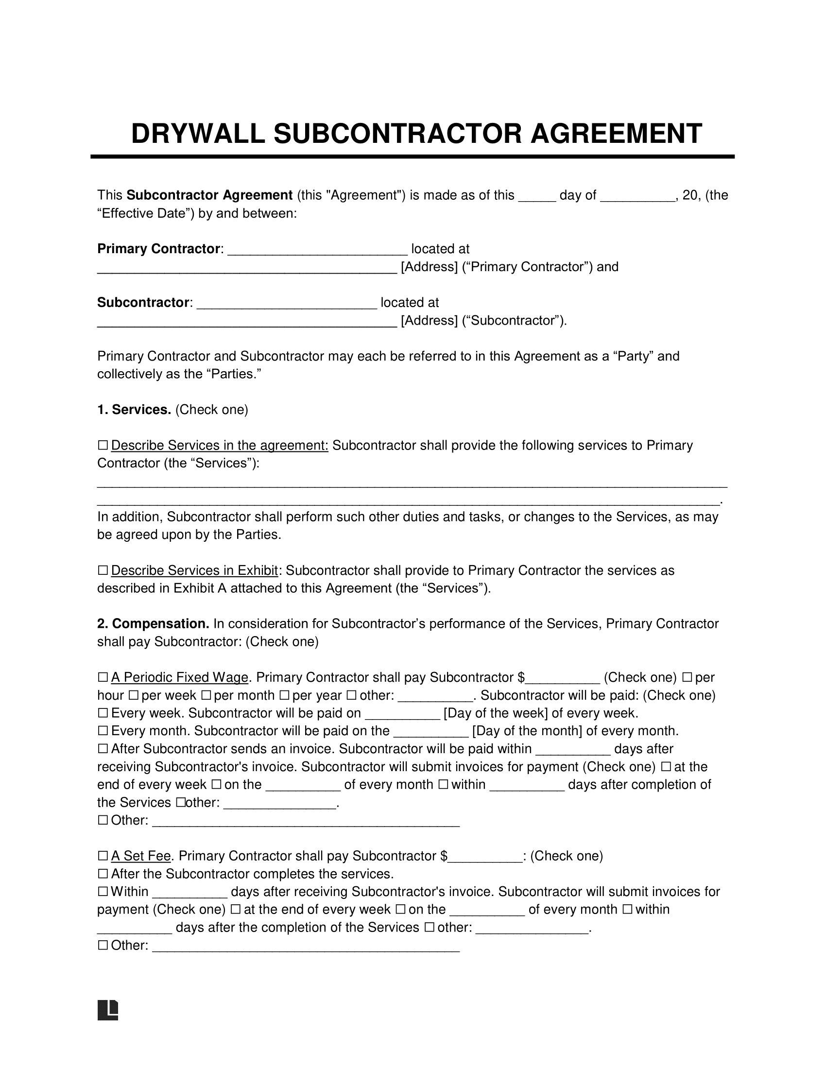 Free Drywall Subcontractor Agreement Template PDF & Word