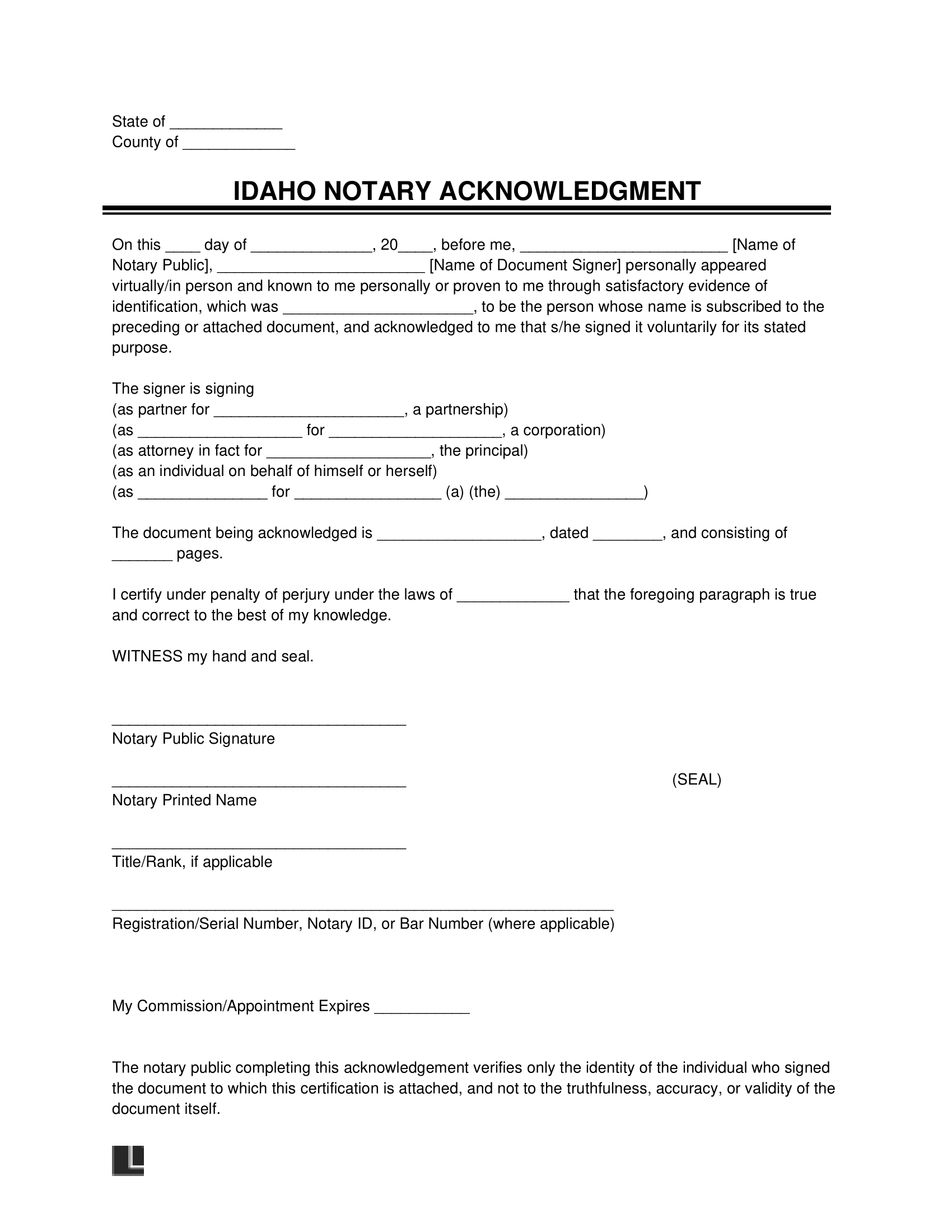 Free Idaho Notary Acknowledgment Form PDF & Word