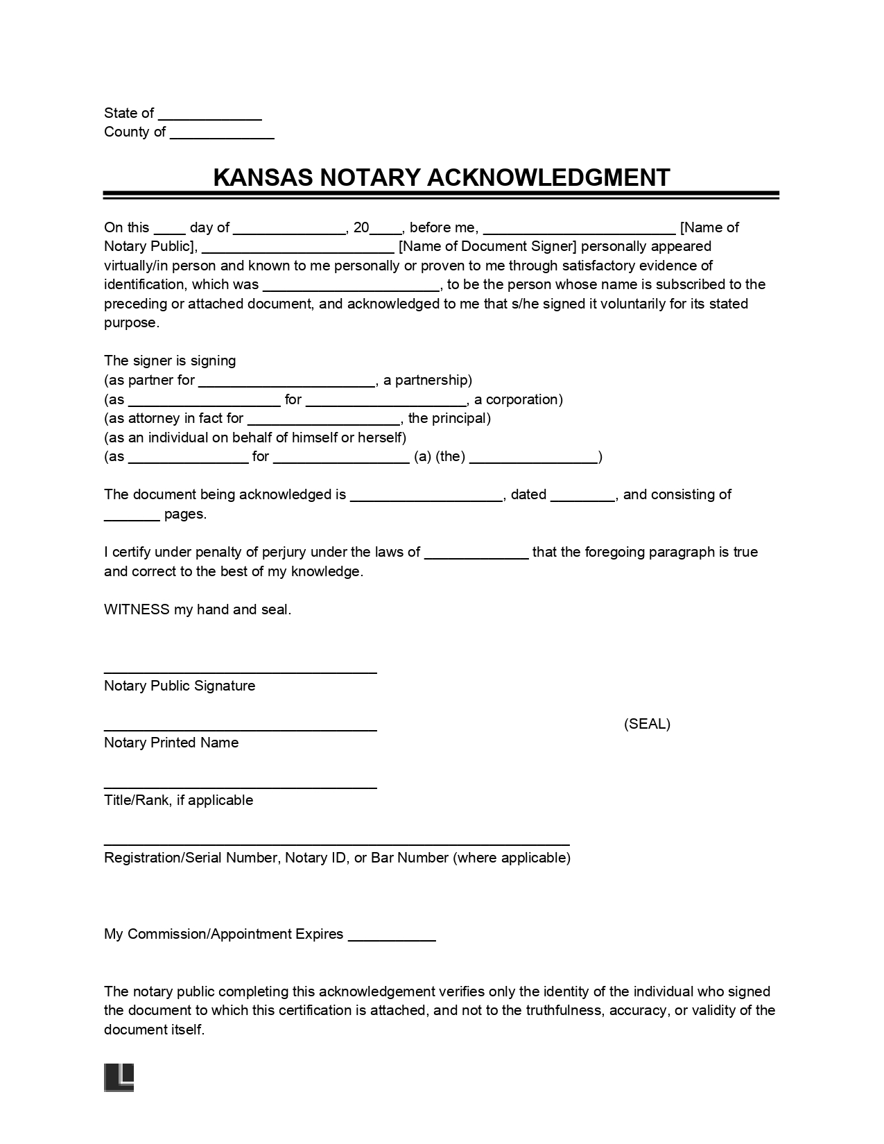 Free Kansas Notary Acknowledgment Form PDF & Word