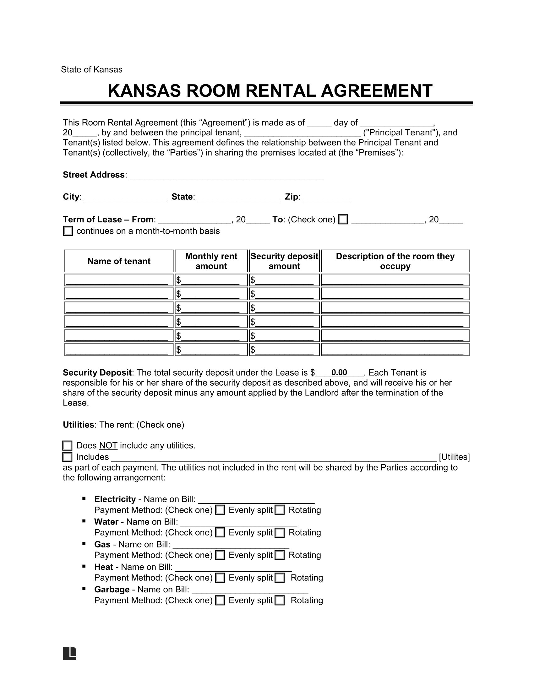 Free Kansas Room Rental Agreement Template PDF & Word
