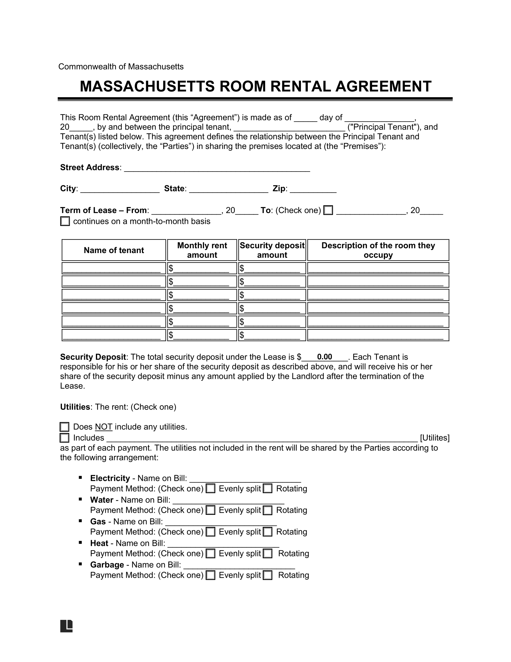 Free Massachusetts Room Rental Agreement Template PDF & Word