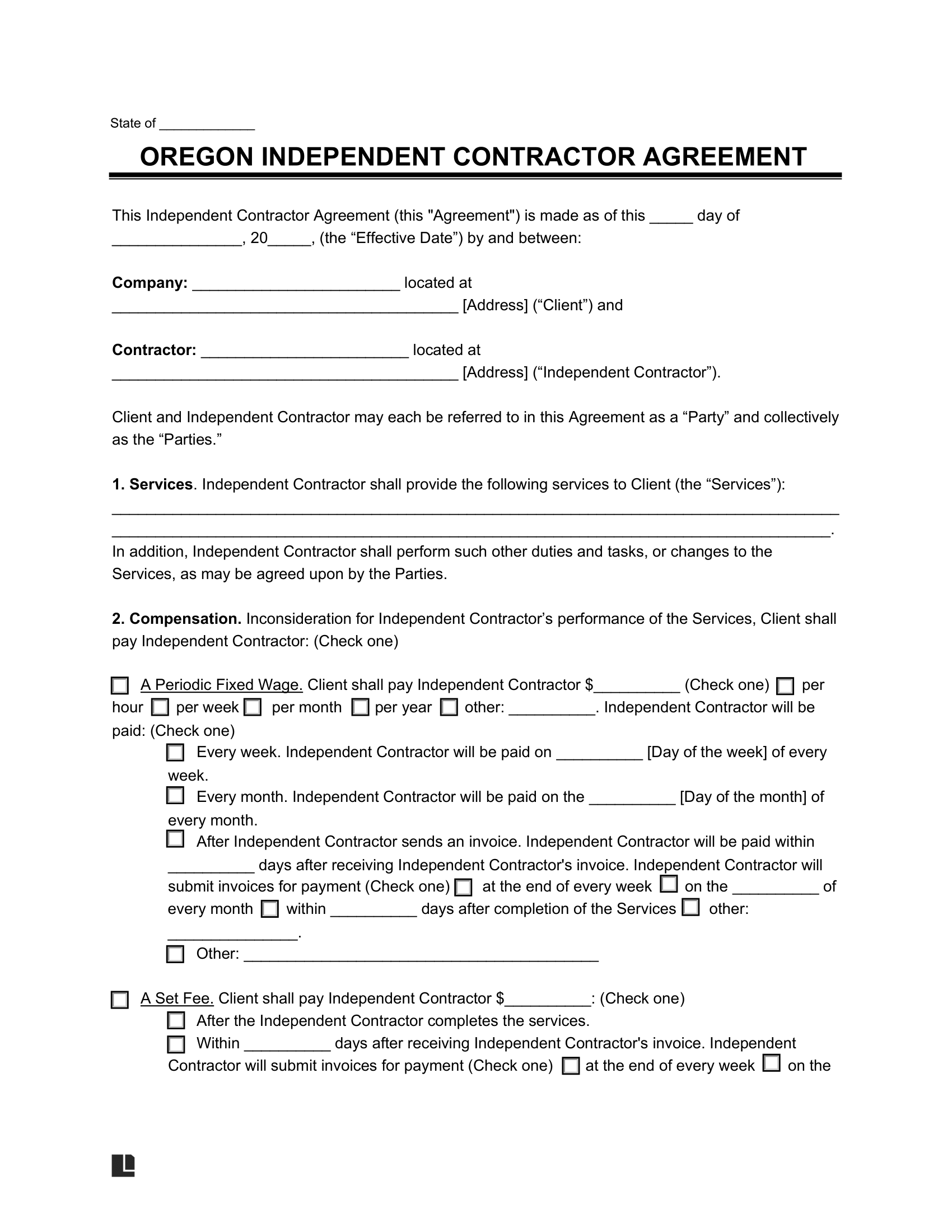 Free Oregon Independent Contractor Agreement PDF & Word