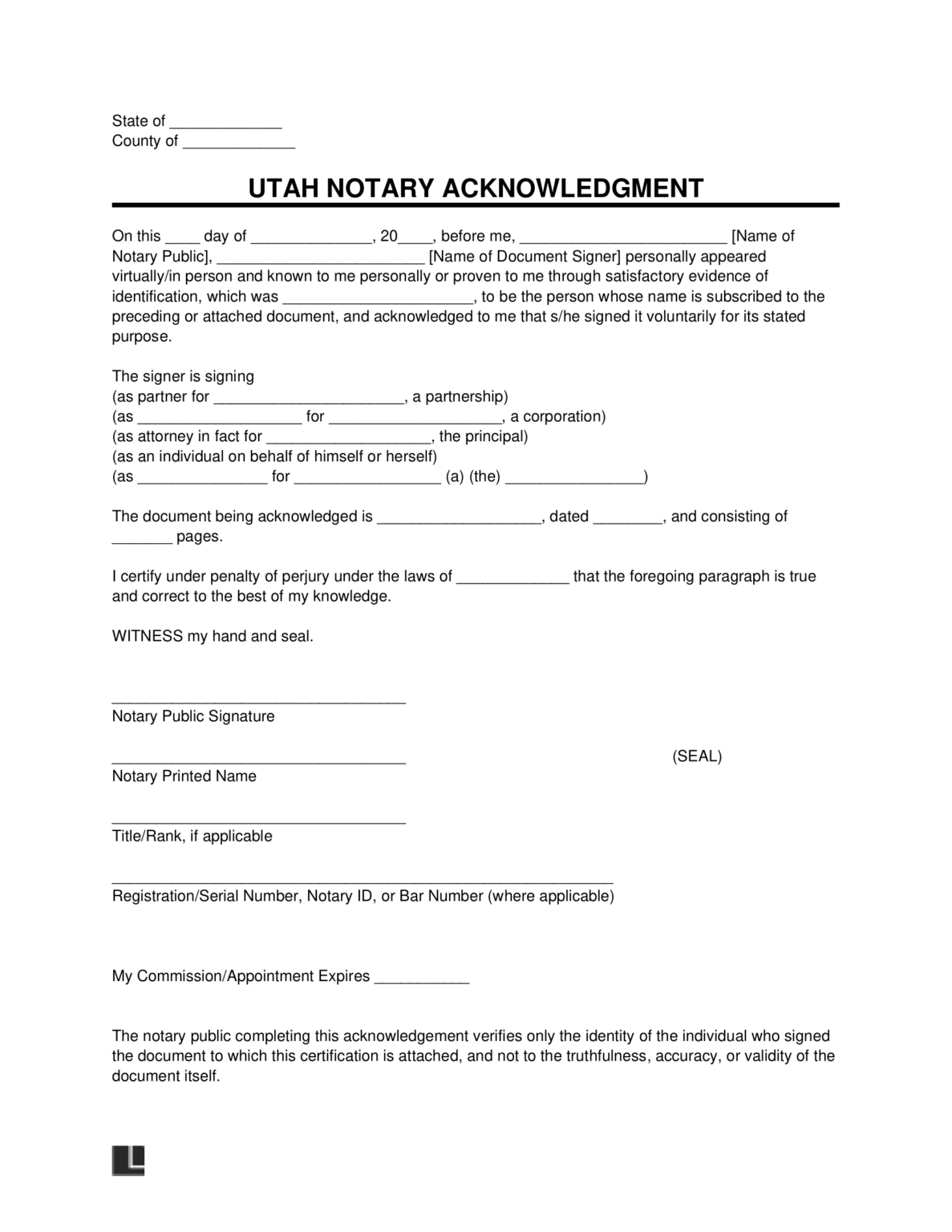 Free Utah Notary Acknowledgment Form PDF & Word