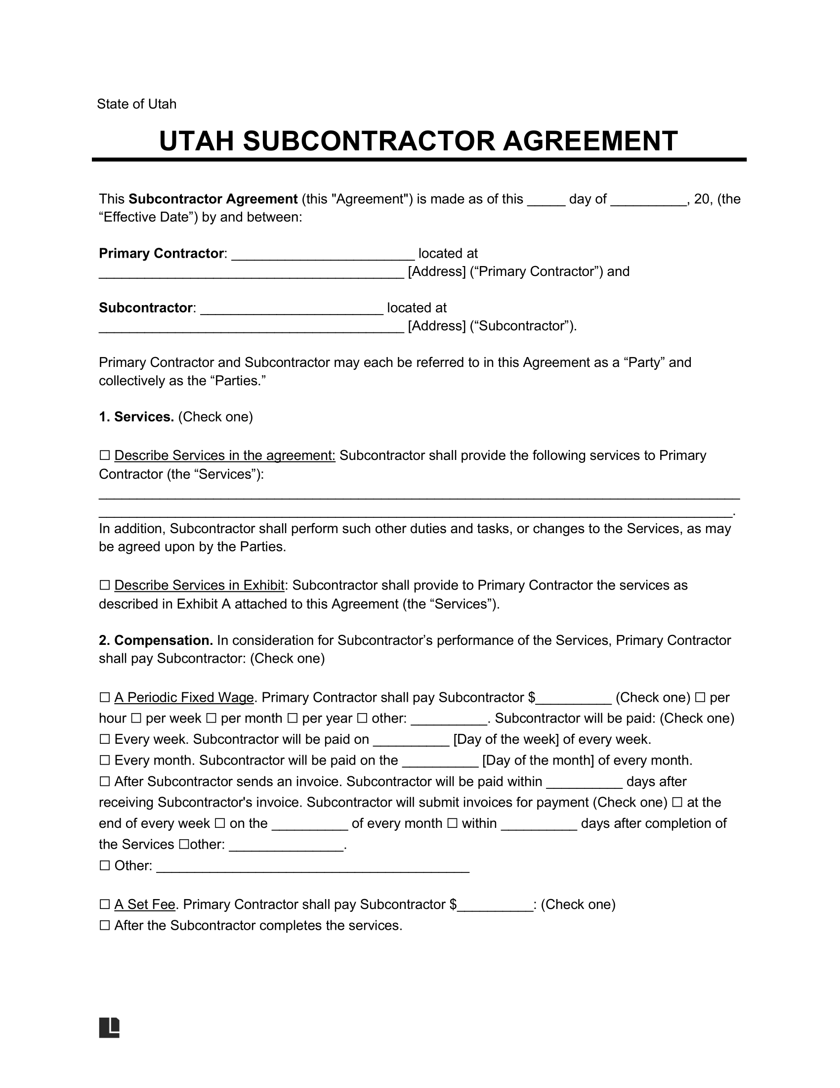 Free Utah Subcontractor Agreement PDF & Word