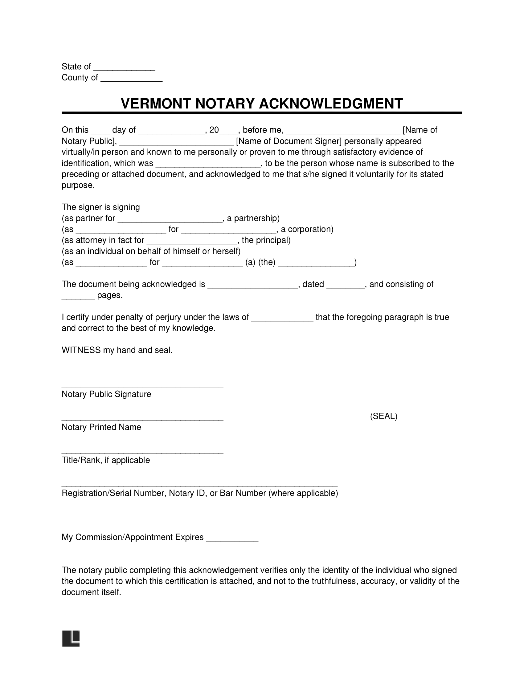 Free Vermont Notary Acknowledgment Form PDF & Word