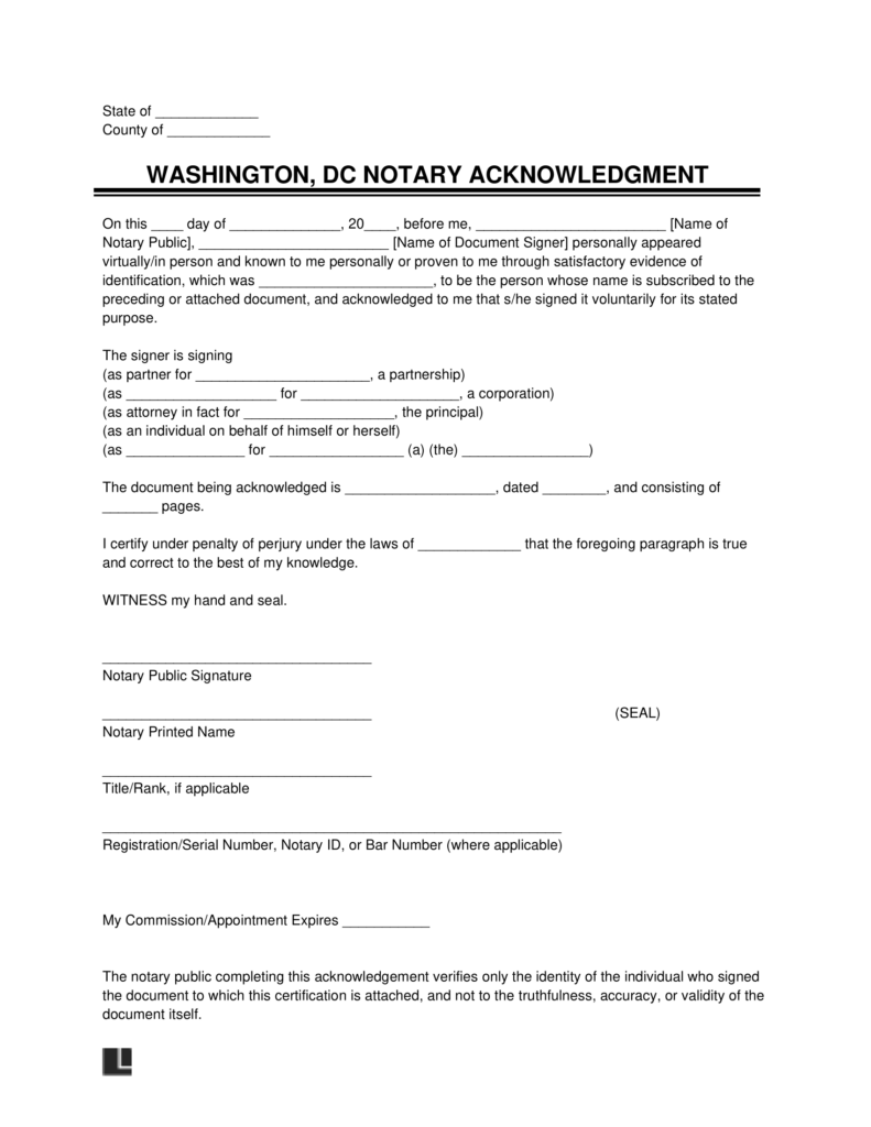 Free Washington, DC Notary Acknowledgment Form PDF & Word