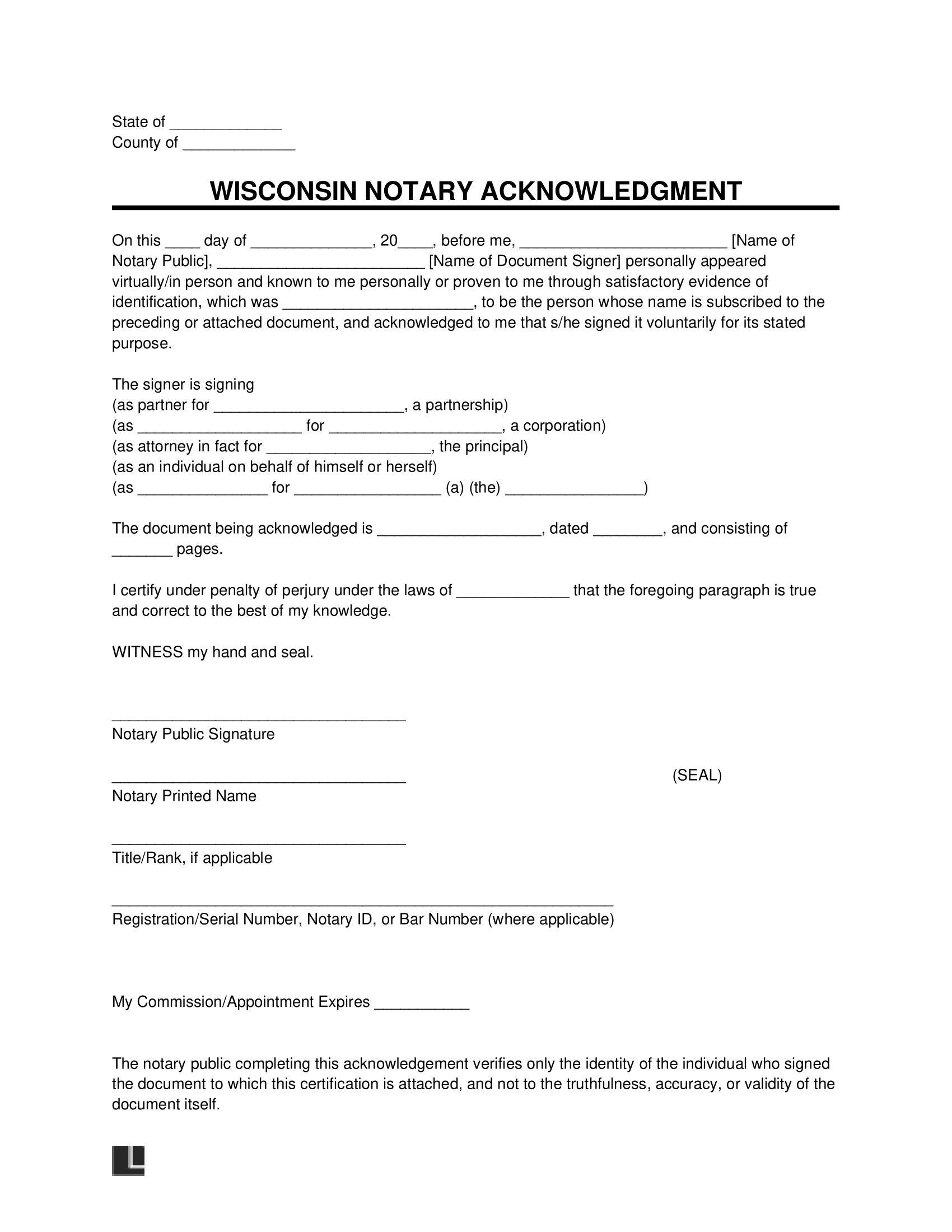 Free Wisconsin Notary Acknowledgment Form PDF & Word