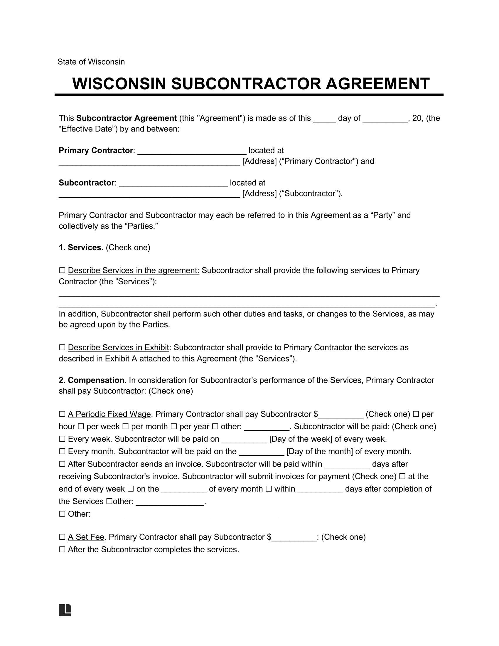 Free Wisconsin Subcontractor Agreement PDF & Word