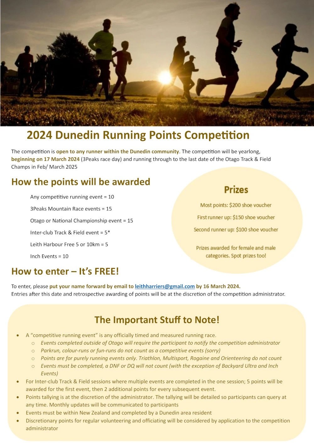 Dunedin Running Points Competition Leith Harrier & Athletic Club