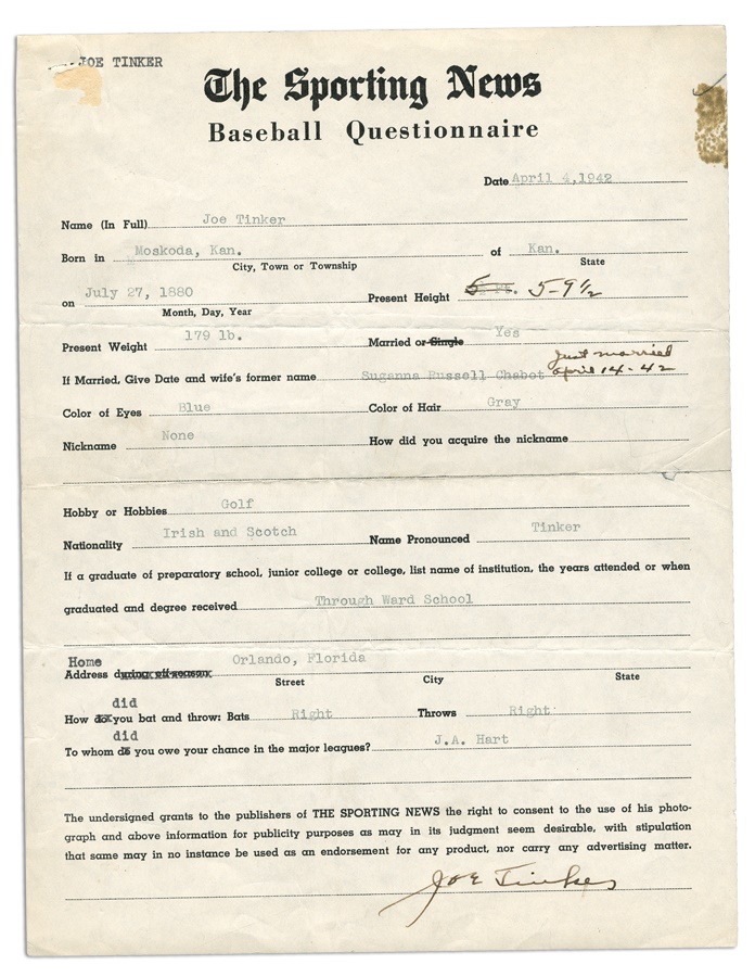 Joe Tinker Signed Baseball Questionnaire