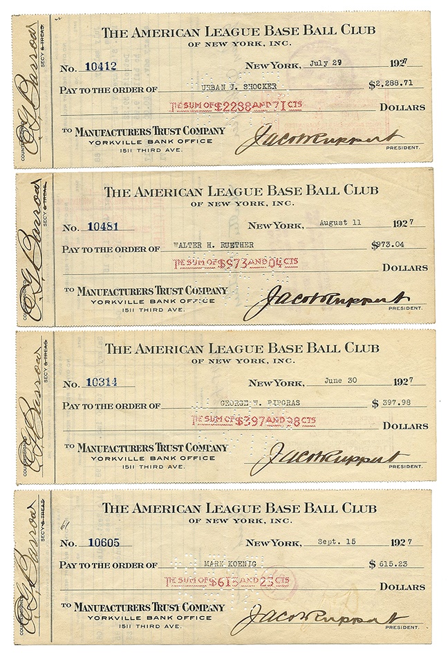 1927 New York Yankees Signed Payroll Checks with Urban Shocker (4)