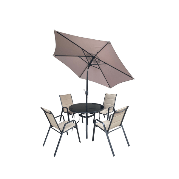 MUEBLE JARDIN SET MESA CON 4 SILLAS Y SOMBRILLA TAUPE SF4014/SF5101/SU2006 (8848) Ferreterías