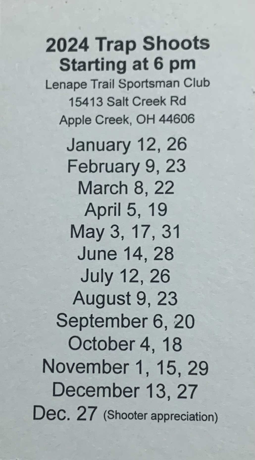 2024 Friday Night Protectors Trap Schedule Lenape Trail Sportsman Club