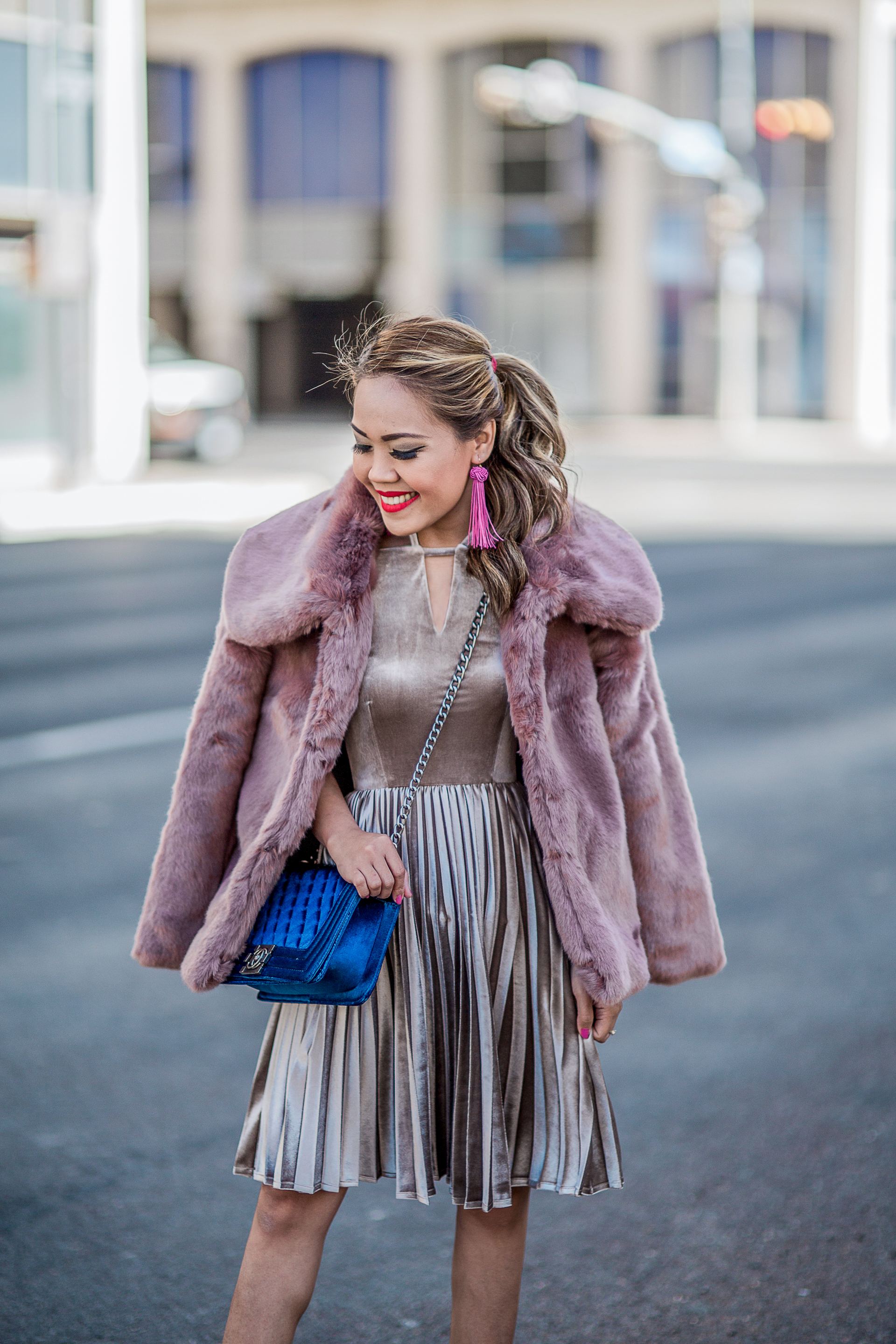 Pleated Velvet Dress and Faux Fur Coat The Len Parent Style A