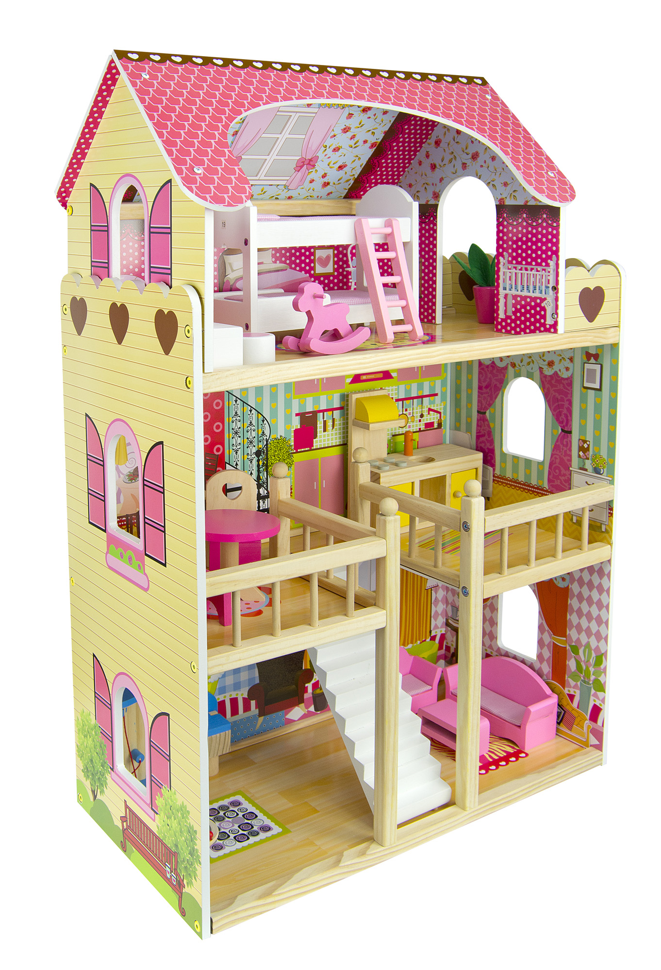 Casa delle bambole in legno + mobili e accessori + gratis bambole