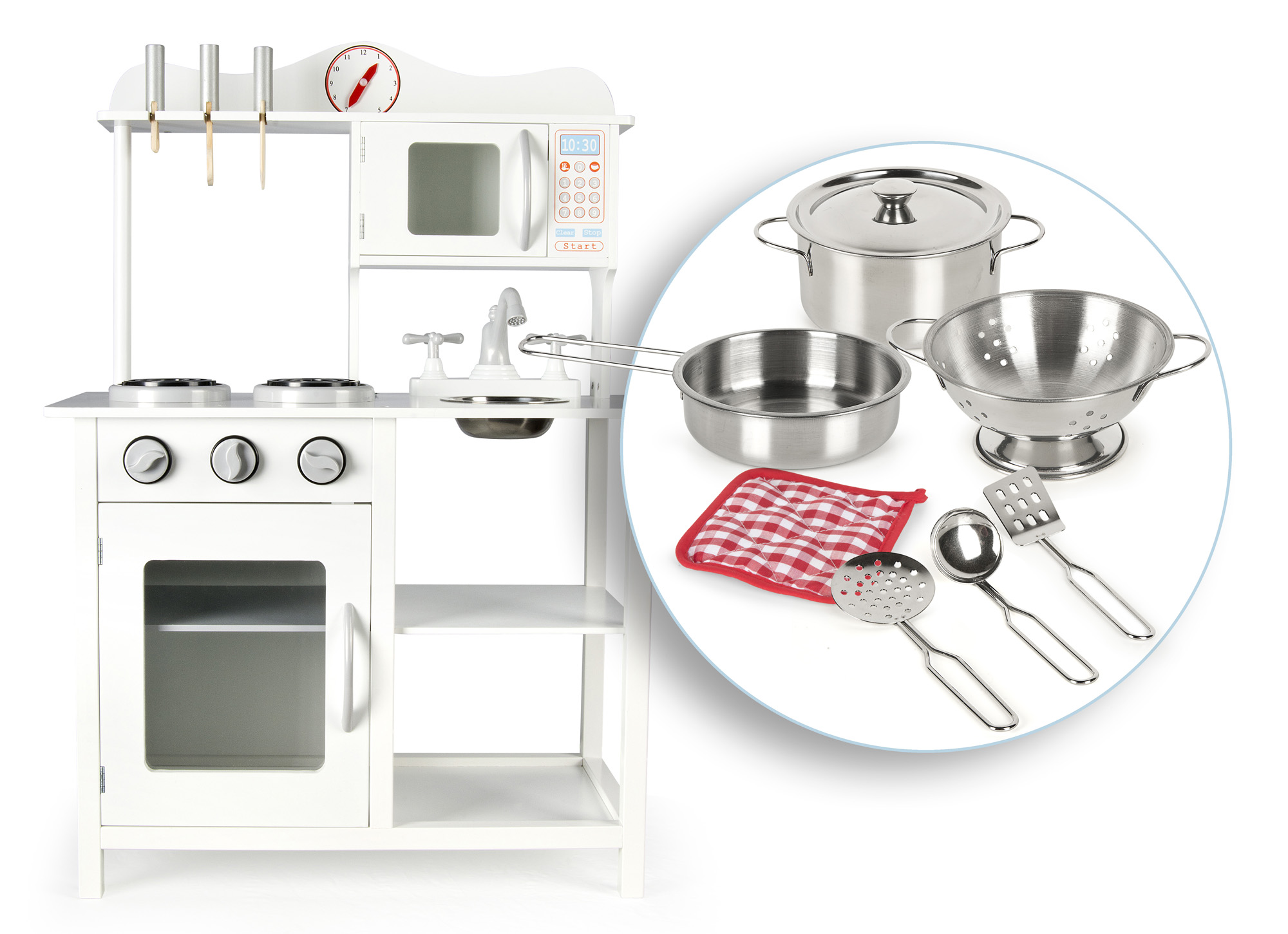 Cucina Leomark White Classic, illuminazione ed effetti sonori + Pentole