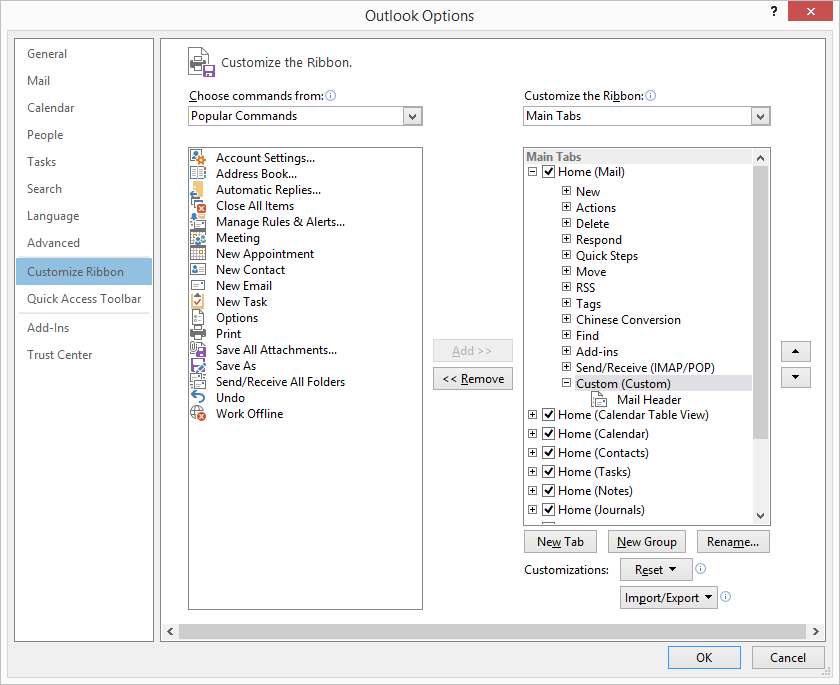 Add Mail Header in Outlook Ribbon