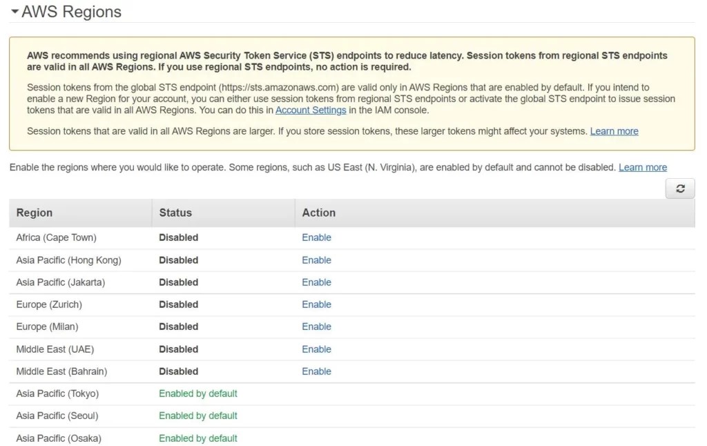 Turn on the new AWS region