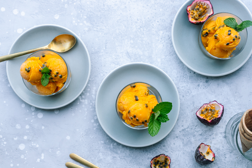 Mango Passion Fruit Sorbet Recipe ( Vegan) Le Petit Eats