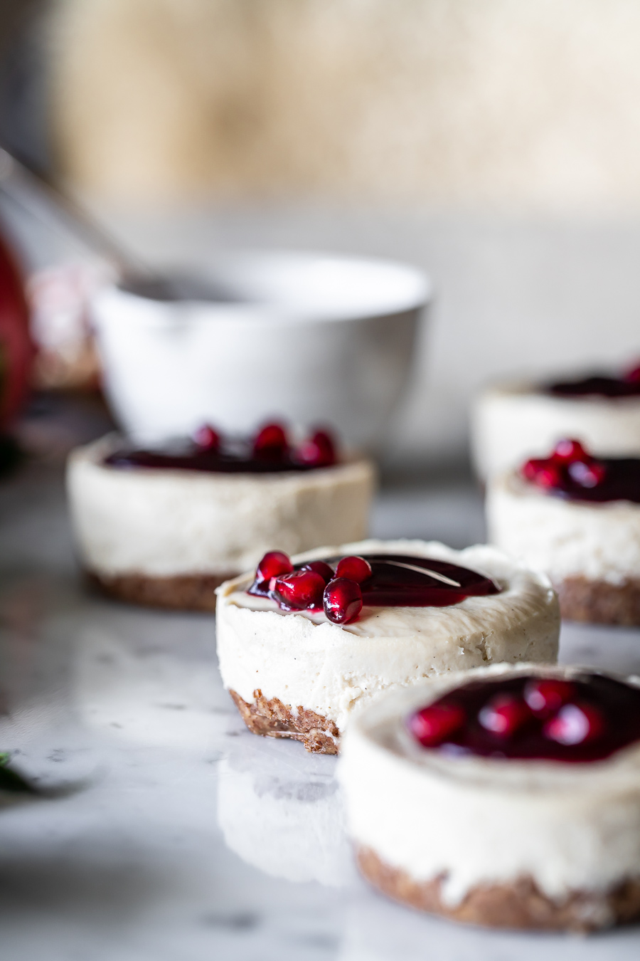NoBake Vegan Vanilla Bean Pomegranate Mini Cheesecakes