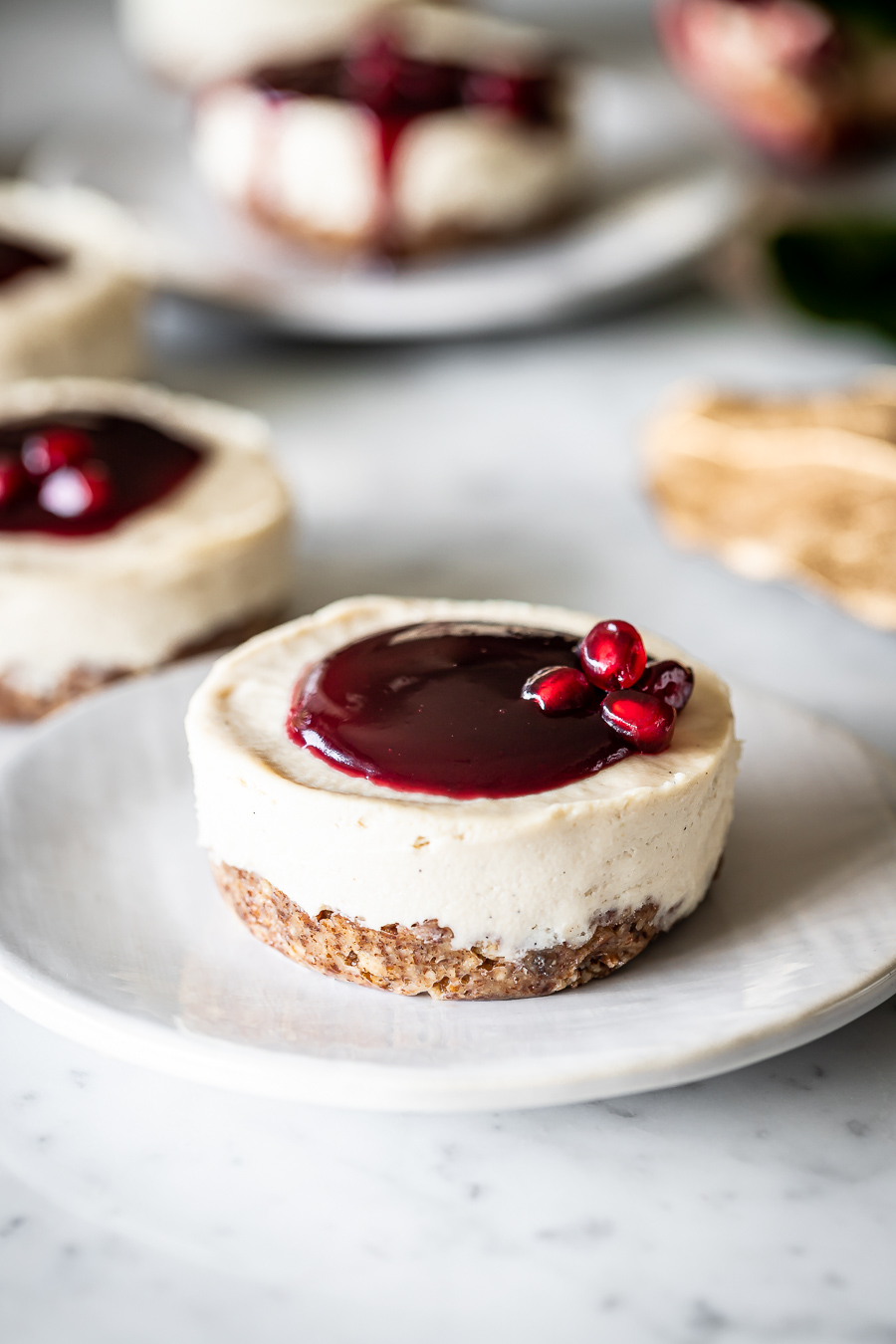 NoBake Vegan Vanilla Bean Pomegranate Mini Cheesecakes