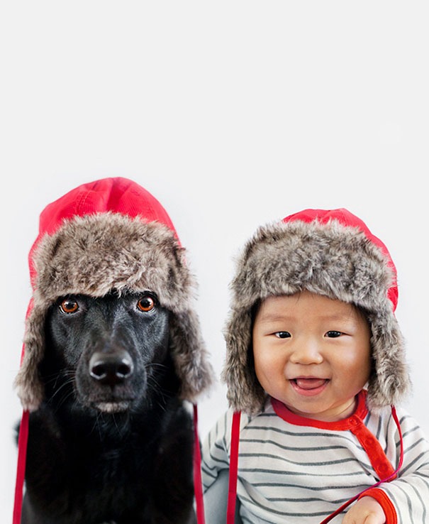 The wonderful photos of a baby boy and a rescued dog wearing matching