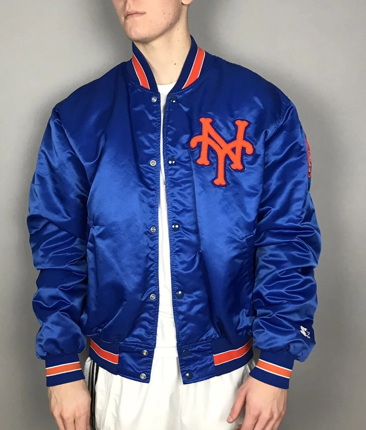 Men's Bomber Blue NY Mets Satin Jacket LerenJack