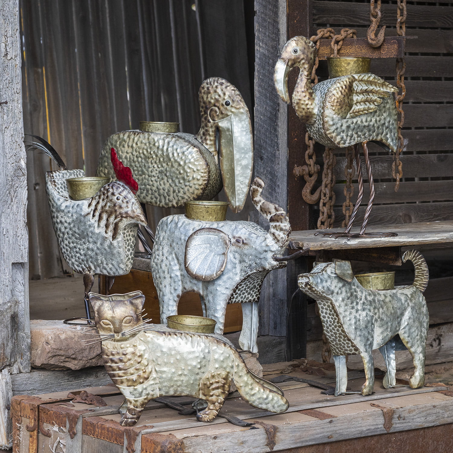 Set of 6 Assorted Style Galvanized Animal Planters