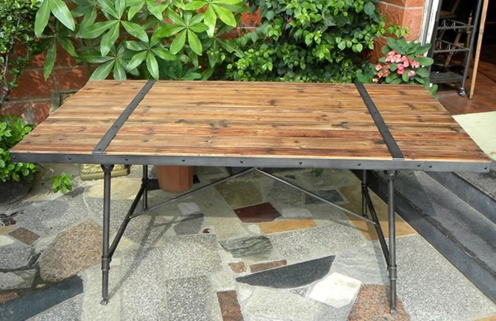 Classic Wooden Top Iron Table with Metal Trim