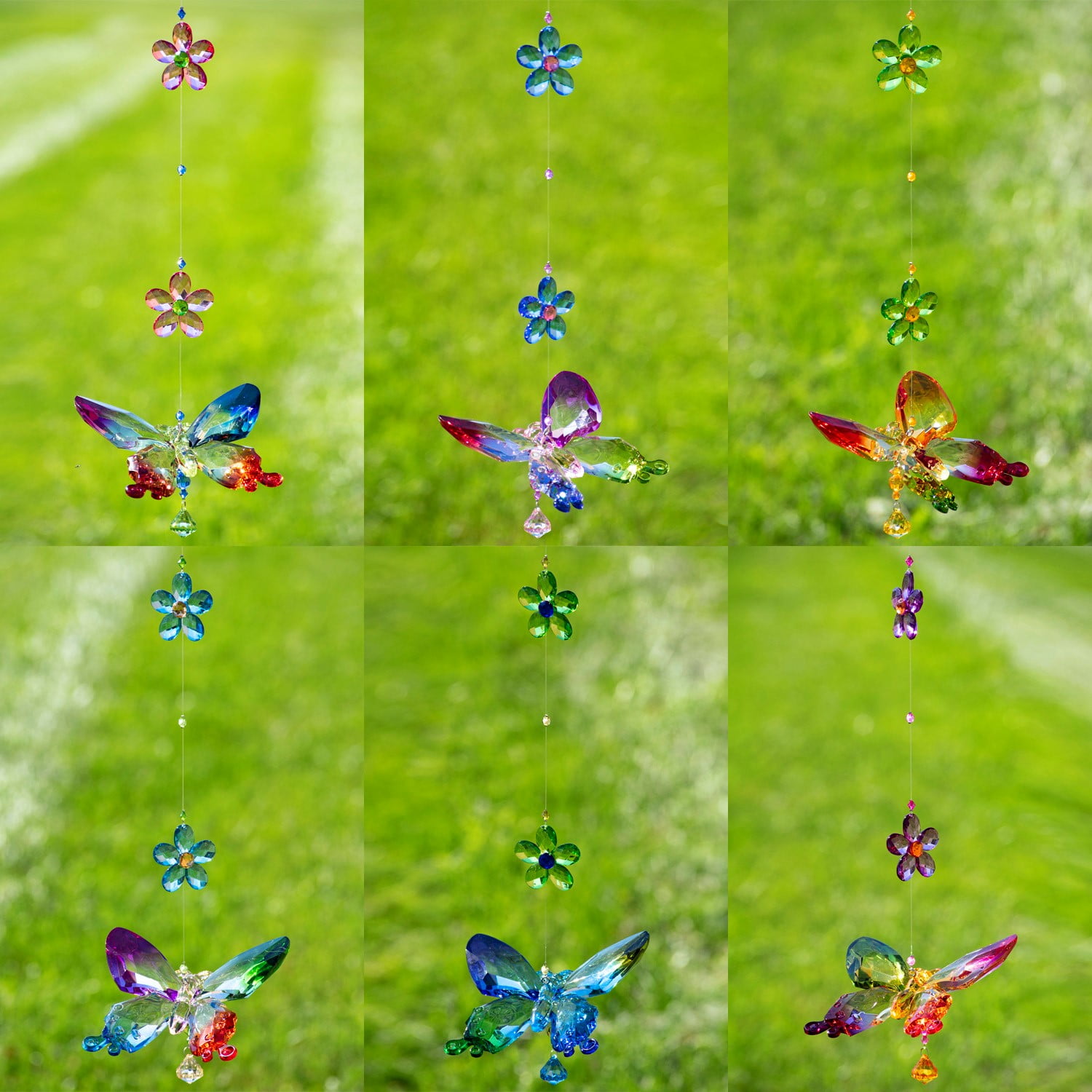 Set of 6 Five Tone Acrylic Butterfly Ornaments with Flowers