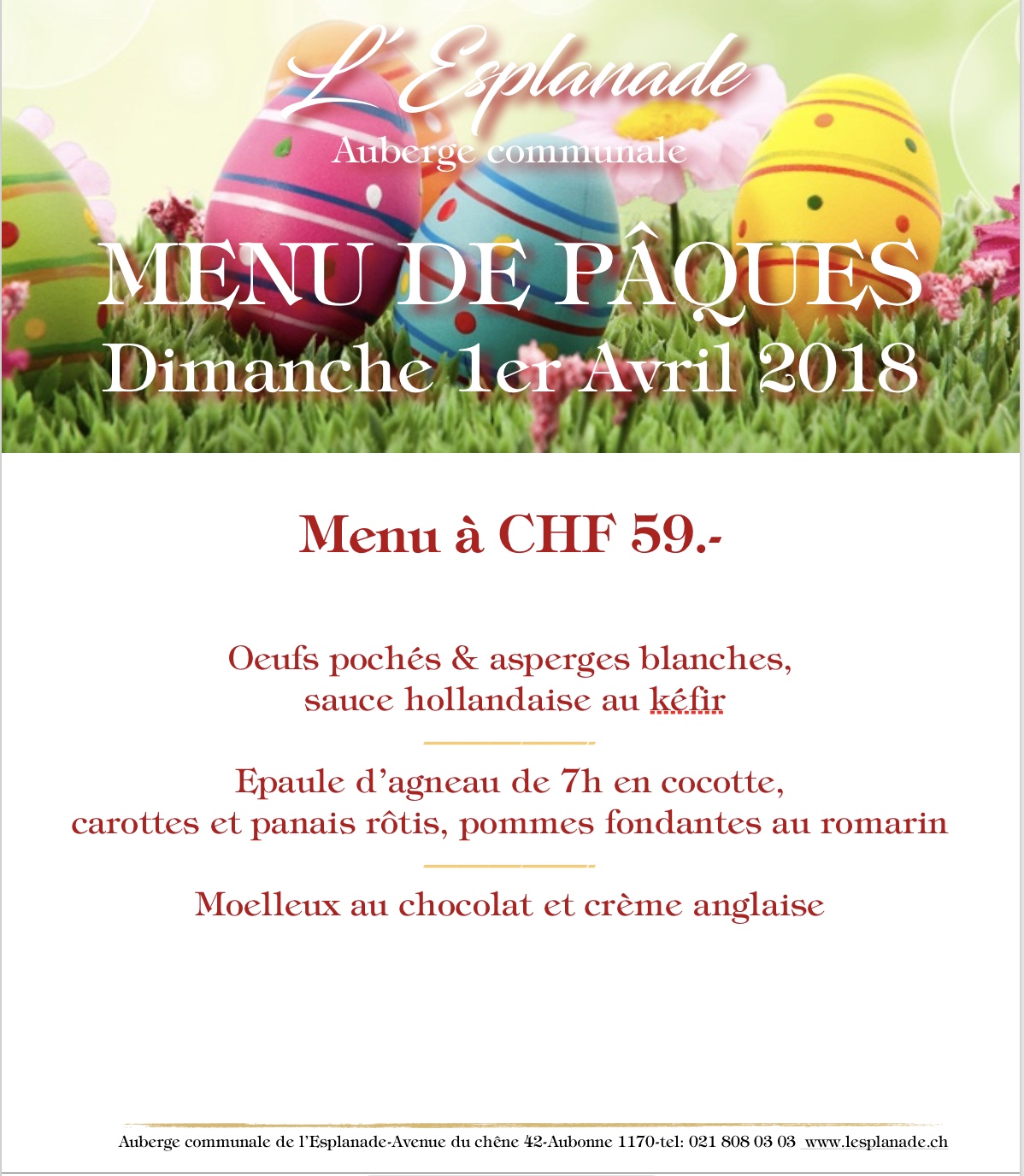 Menu de Pâques Dimanche 1er Avril 2018 Esplanade