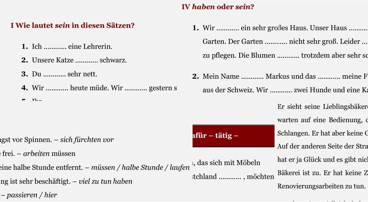 German Worksheets: Conjugation & Contexts for Haben and Sein (PDF, 6 pages)