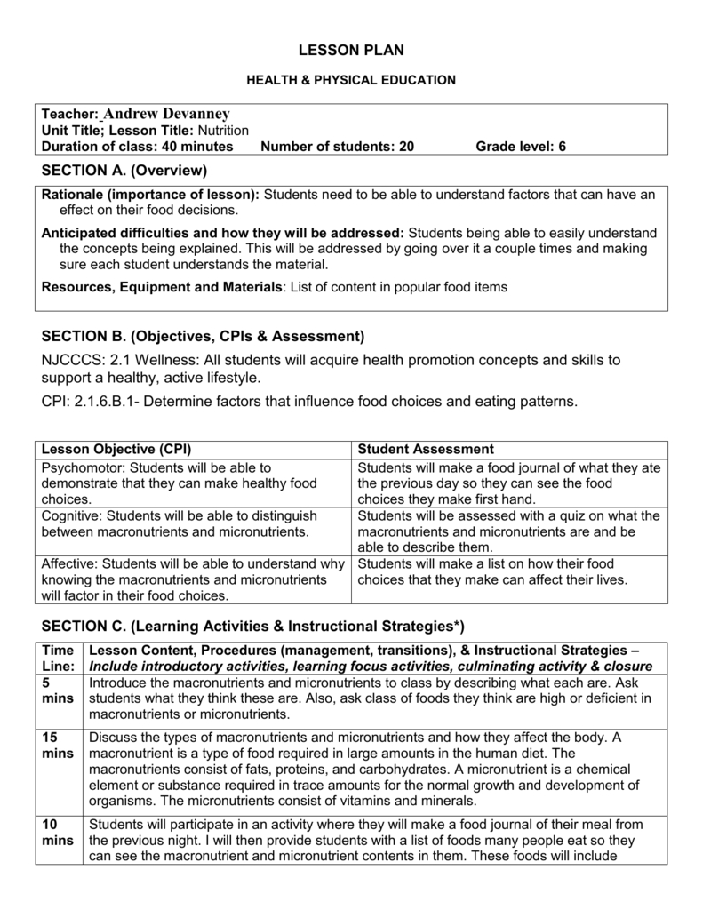 Health Education Lesson Plans Lesson Plans Learning