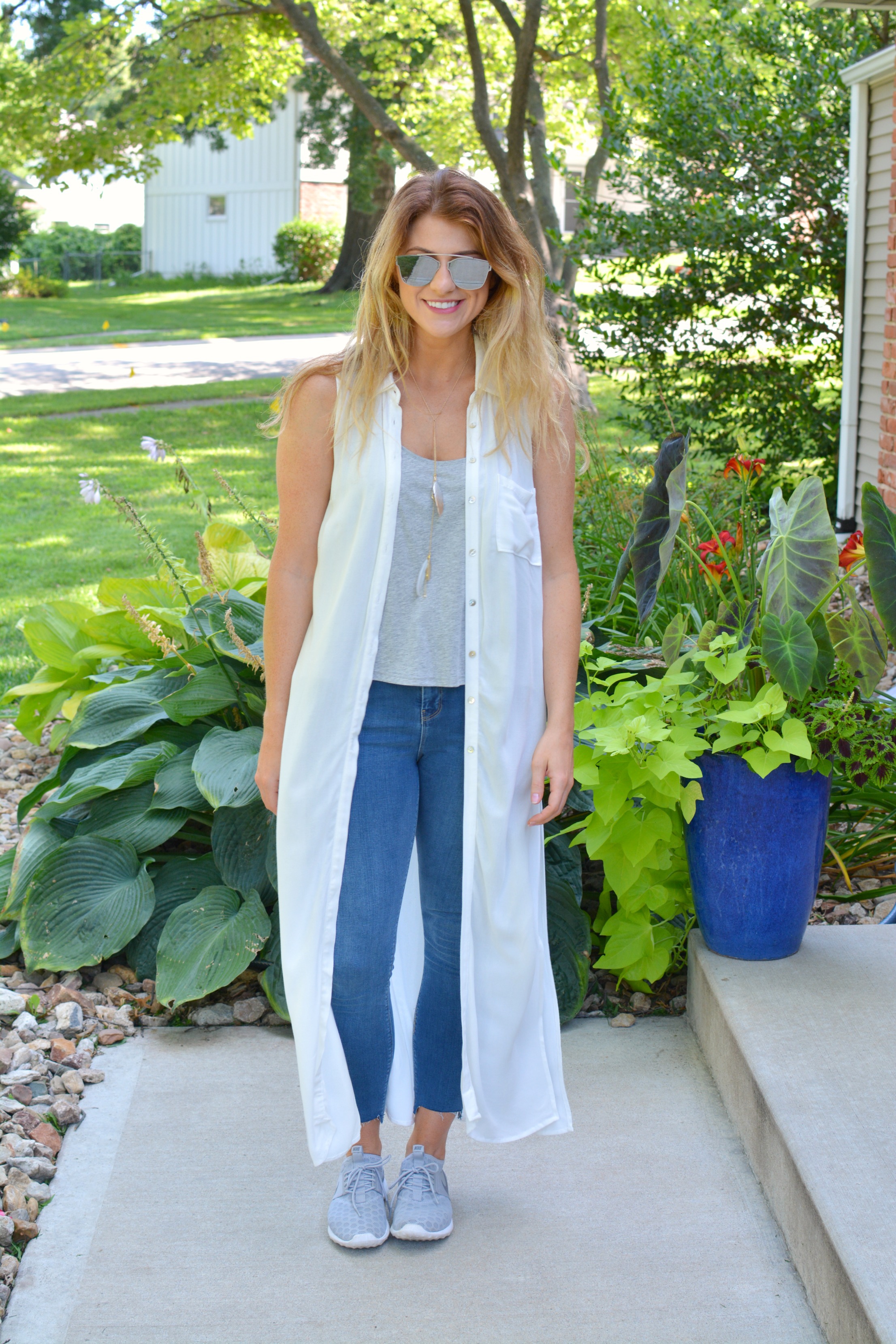 White Shirt Dress as a Duster + Gray Nike's. Le Stylo Rouge