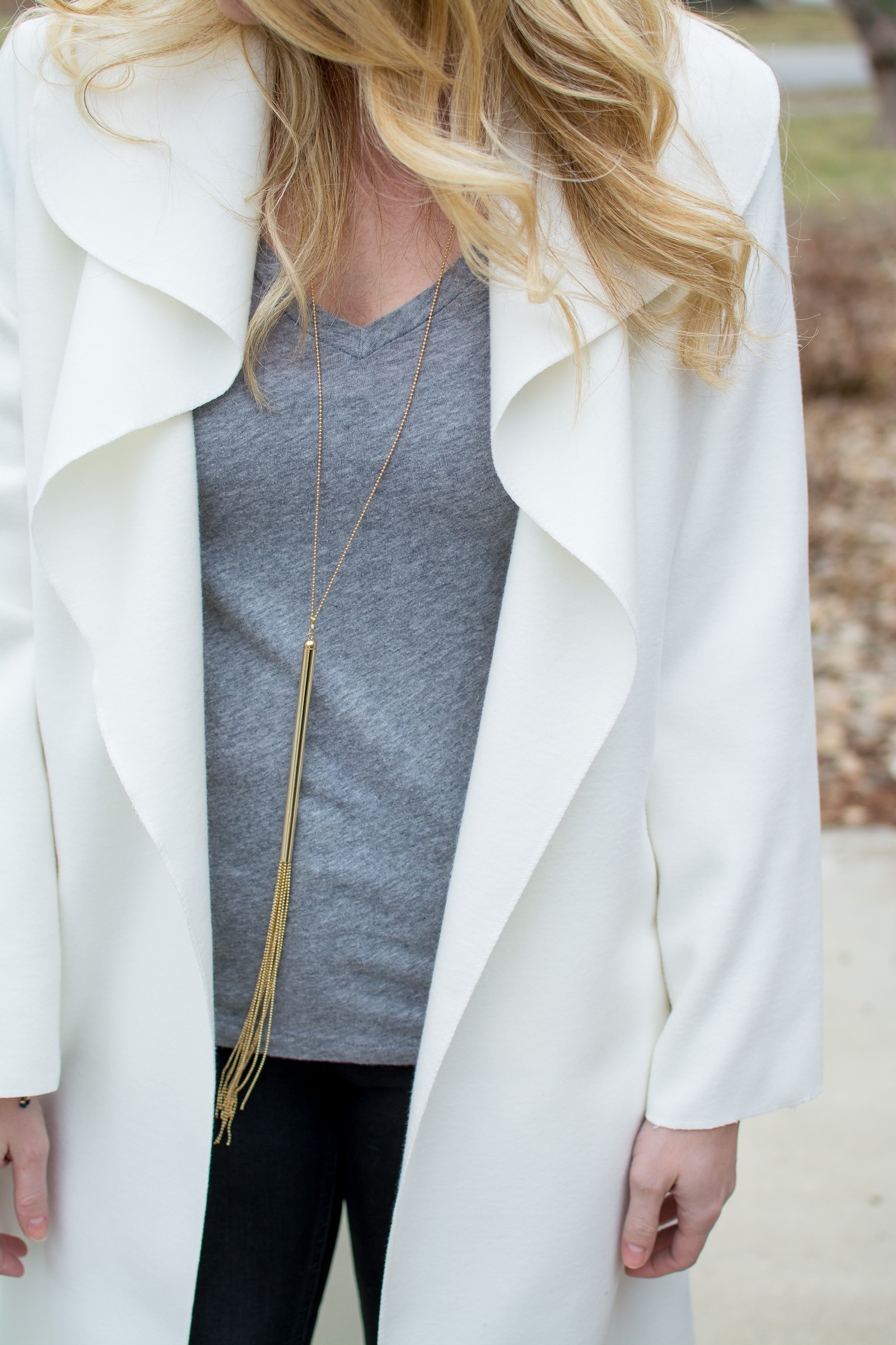 White Duster with a Gray Tee + Nude Booties. Le Stylo Rouge