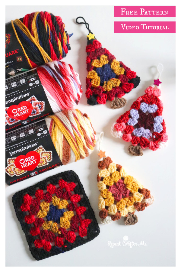 Granny Square Tree Ornaments Free Crochet Pattern and Video