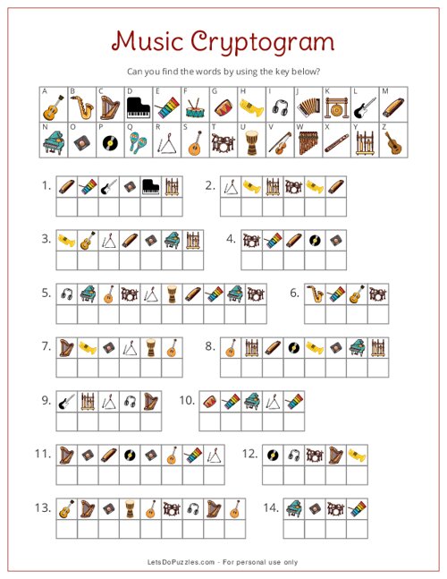 Music Cryptogram Printable Puzzle for Kids
